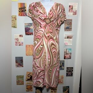 SL Fashions Pink and Olive Swirl Midi Dress with Ring Detail